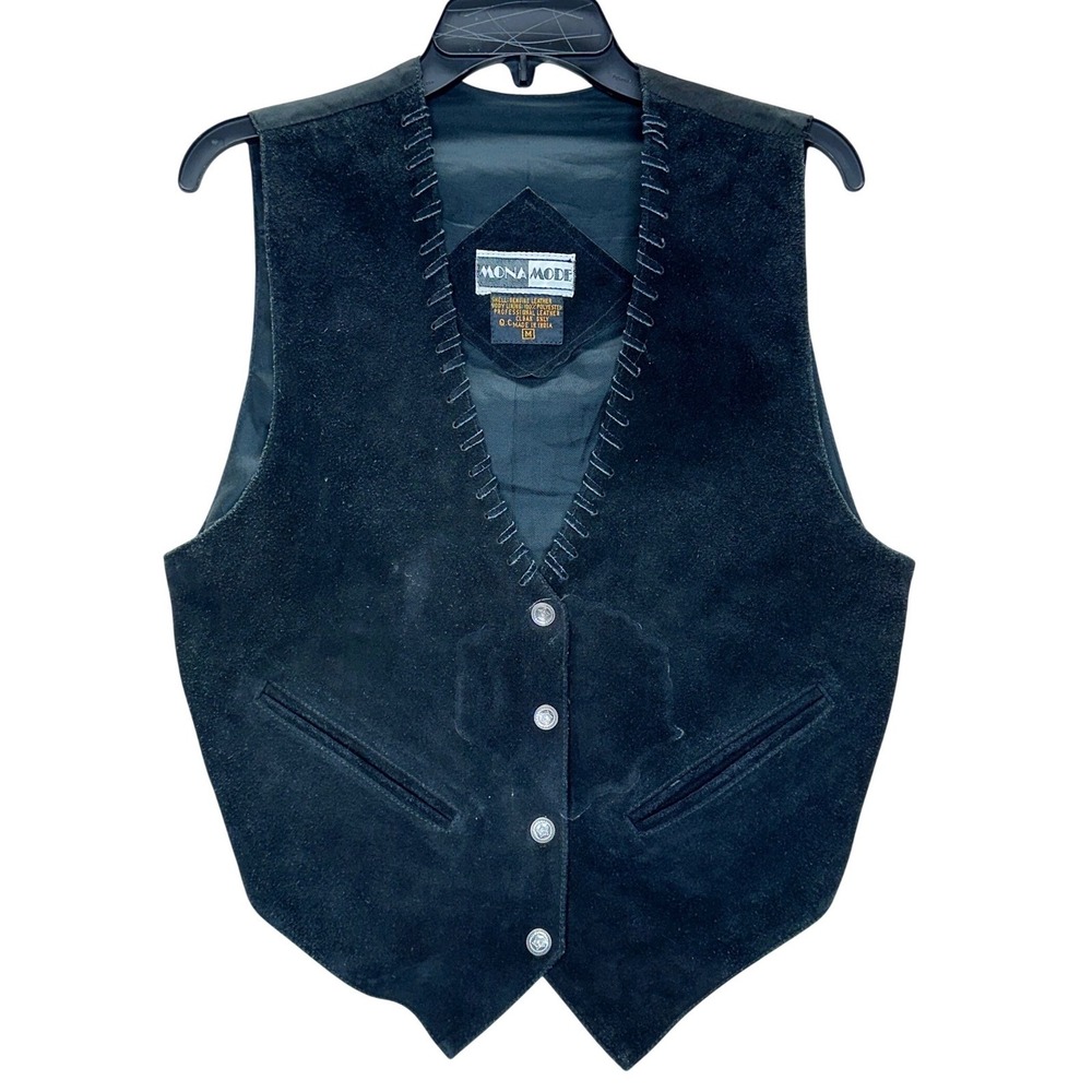 Mona Mode Black Suede Leather Vest Western Whipstitch Star Button Vintage M